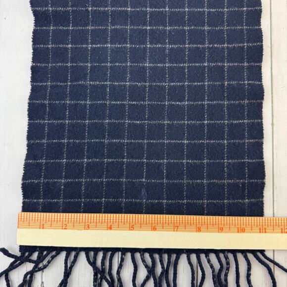 VTG 90's Polo Ralph Lauren Navy Blue Windowpane Plaid Lambswool Fringe Scarf - Picture 10 of 11